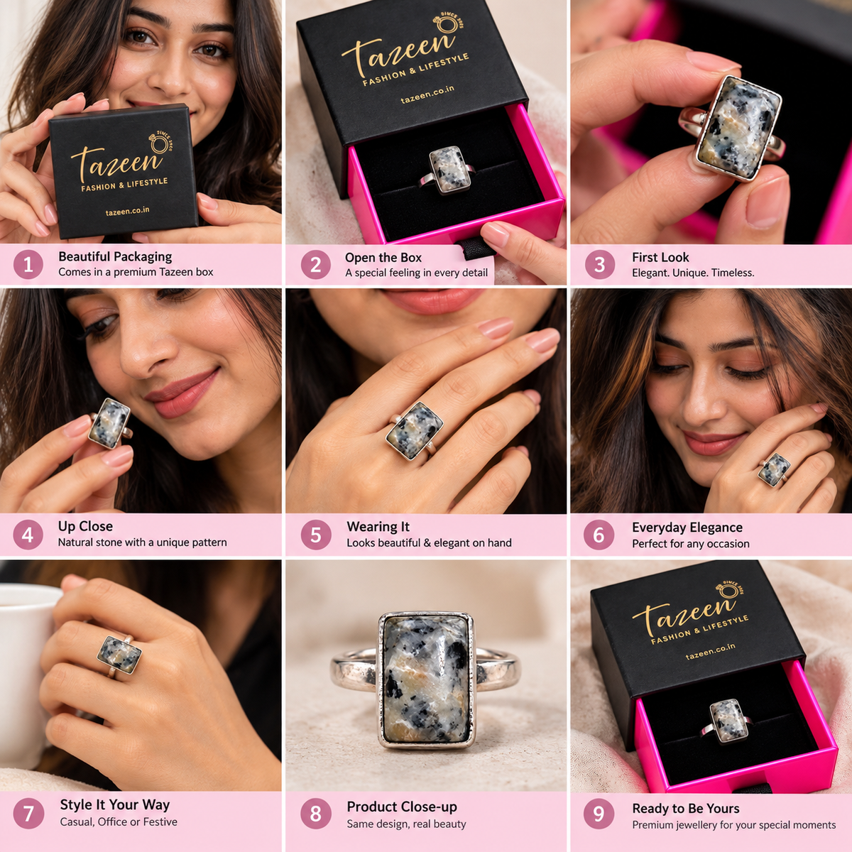 Oxidised Silver Rectangular Natural Stone Statement Ring for Women