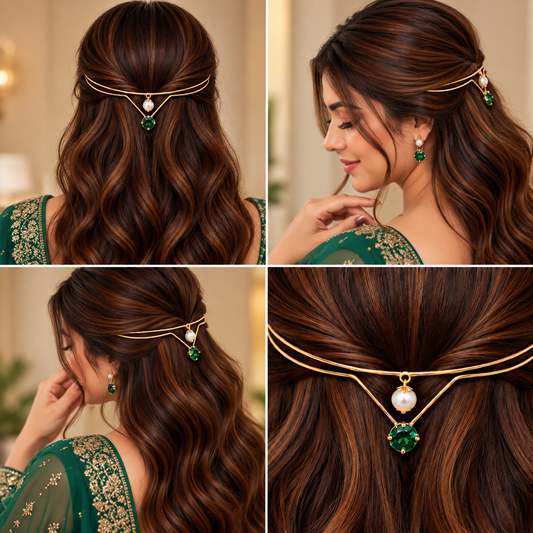 Gold-Plated Green Stone Pearl Hairlet for Women