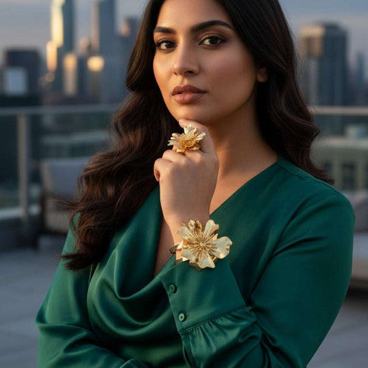 Oversized Gold Bloom Bangle & Ring Set