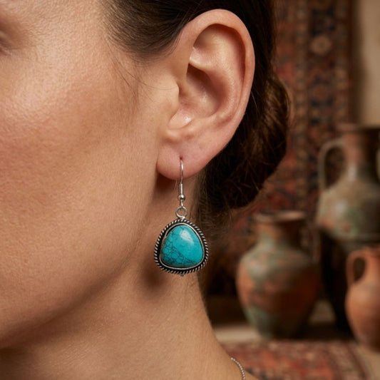Vintage Turqoise Stone Drop Earrings – Antique Silver-Tone Dangle Earrings