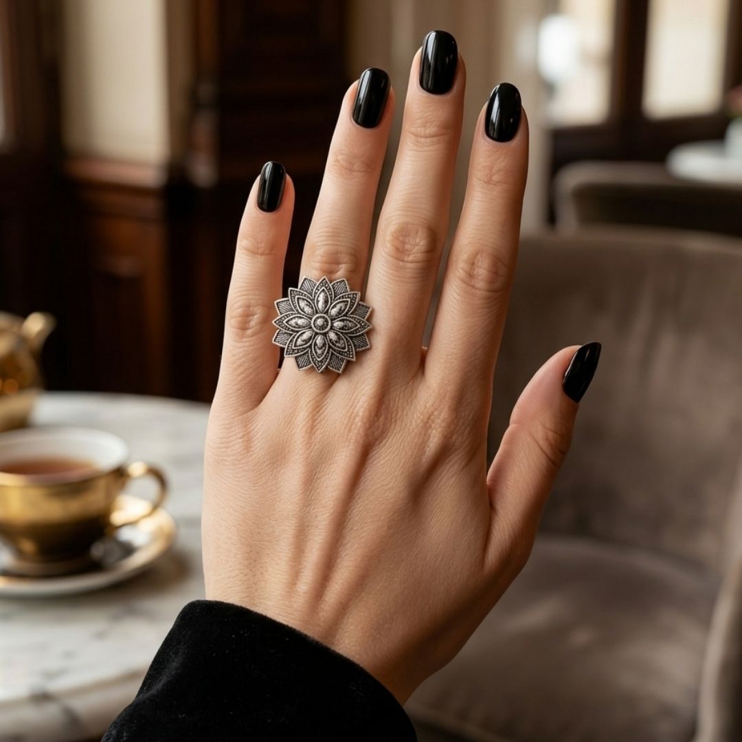 Oxidized German Silver Floral Mandala Statement Ring