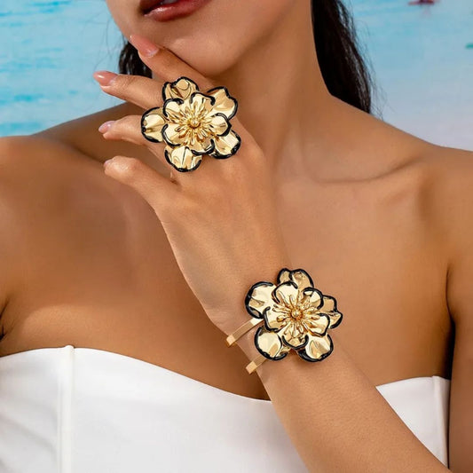 Chic Gold Floral Statement Jewelry Set – Bracelet, Earrings & Ring Combo