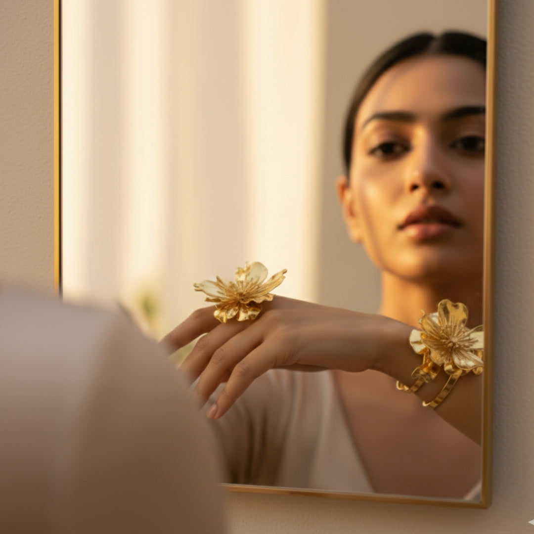 Oversized Gold Bloom Bangle & Ring Set