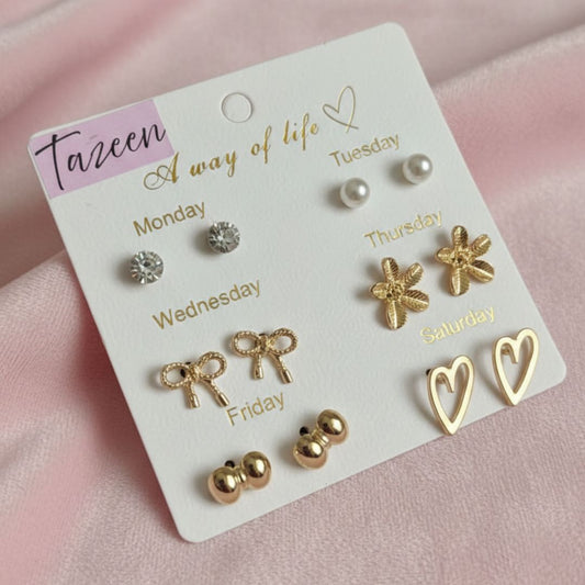 6 Days Stud Earrings Set – Everyday Minimal Gold & Pearl Combo