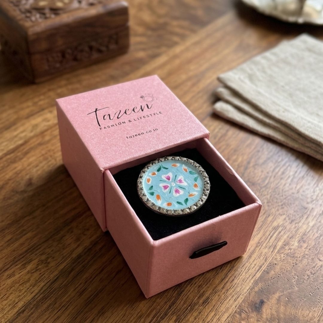 Elegant Meenakari Sky Blue Floral Silver Adjustable Finger Ring