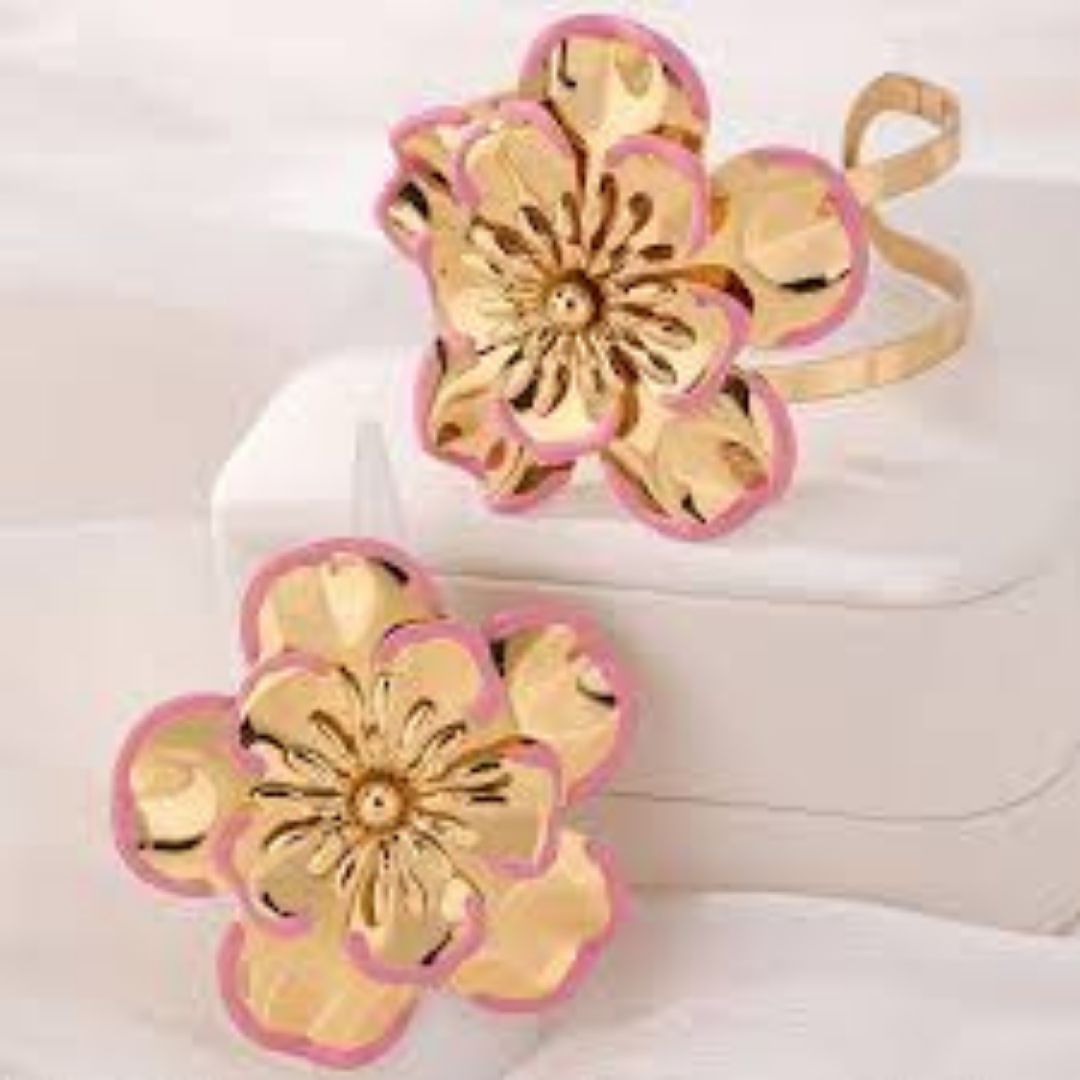 Elegant Gold & Pink Floral Jewelry Set – Bracelet, Earrings & Ring Combo