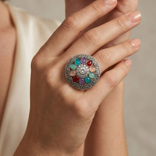 Multicolor Stone Floral German Silver Statement Ring