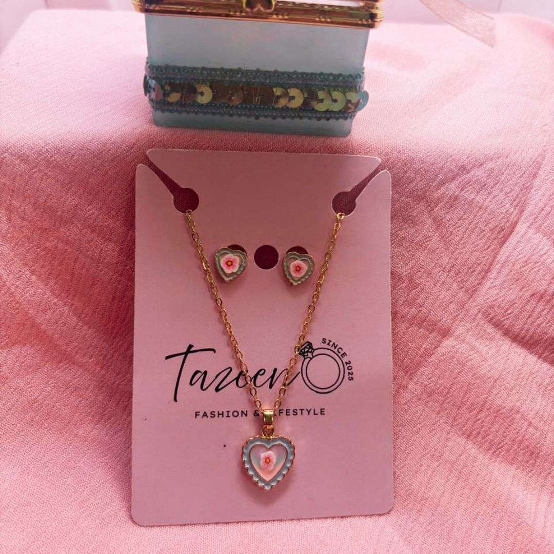 Pastel Heart Flower Jewelry Set – Kids Necklace & Earrings