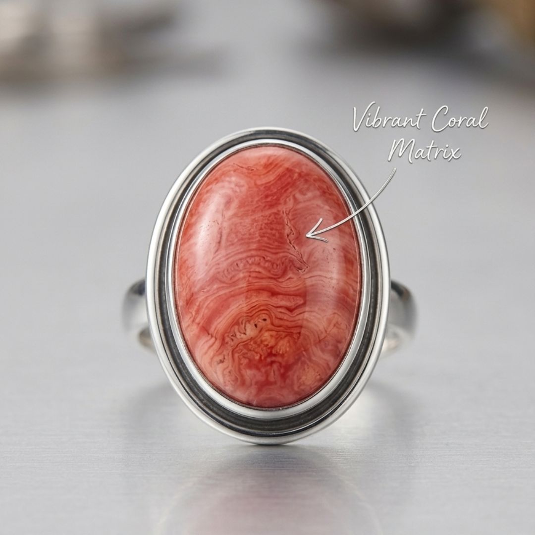 Elegant Oval Coral Gemstone Oxidized Silver Ring