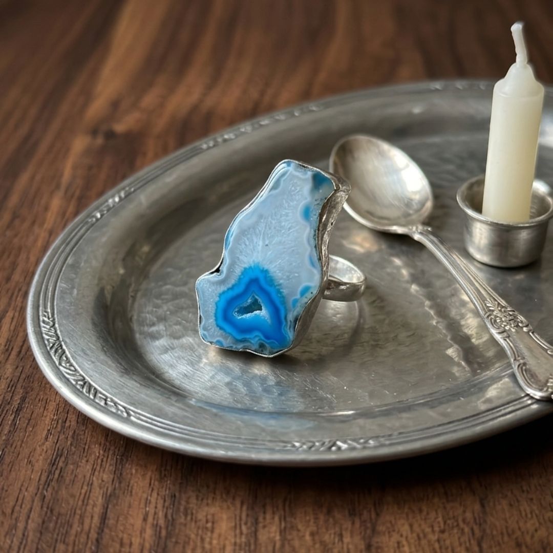 Blue Agate Slice Statement Ring – Natural Geode Stone Ring