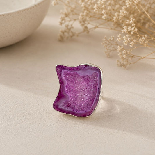 Pink Druzy Agate Statement Ring in Sterling Silver