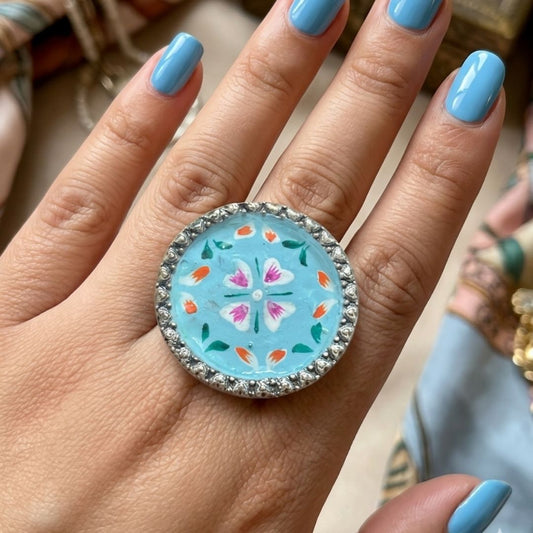 Elegant Meenakari Sky Blue Floral Silver Adjustable Finger Ring
