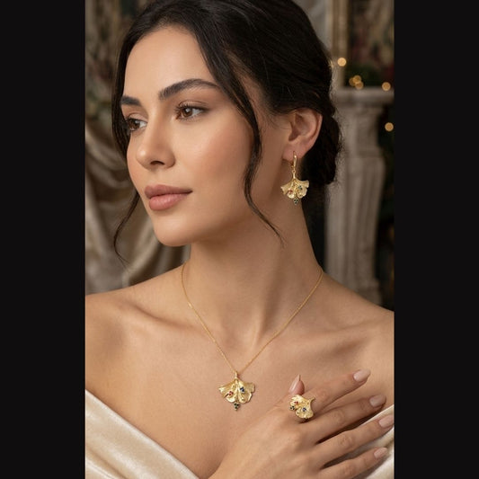 Golden Leaf Zircon Necklace Set with Earrings & Ring