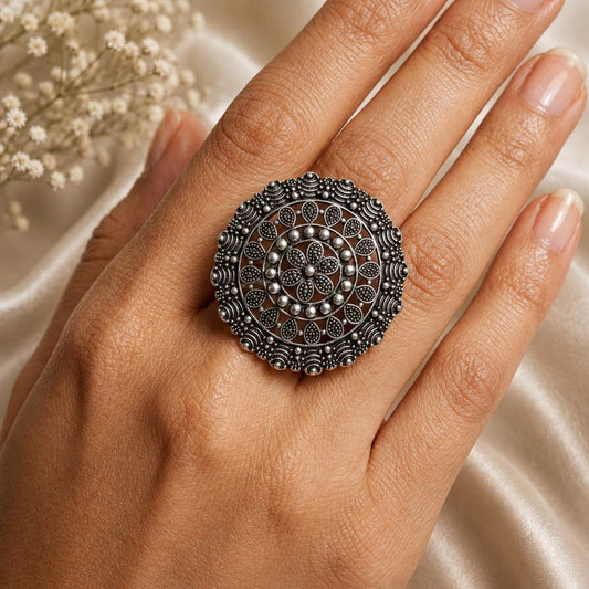 Oxidized German Silver Intricate Mandala Statement Ring