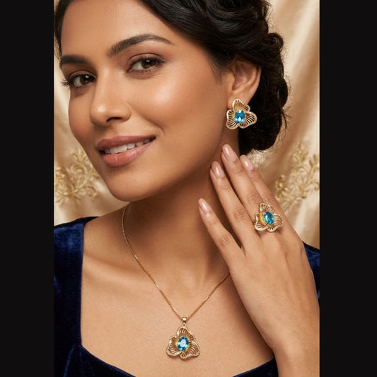 Elegant Blue Zircon Floral Necklace Set with Earrings