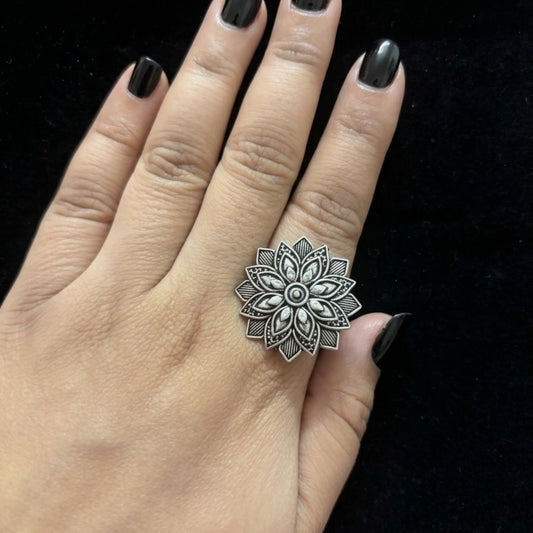 Oxidized German Silver Floral Mandala Statement Ring