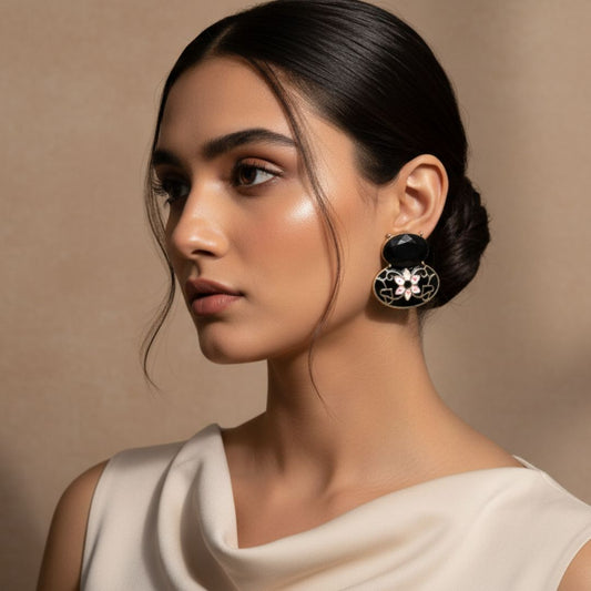 Oxidized Black Enamel Floral Stud Earrings