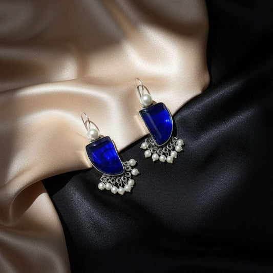 Oxidized Royal Blue Stone & Pearl Danglers