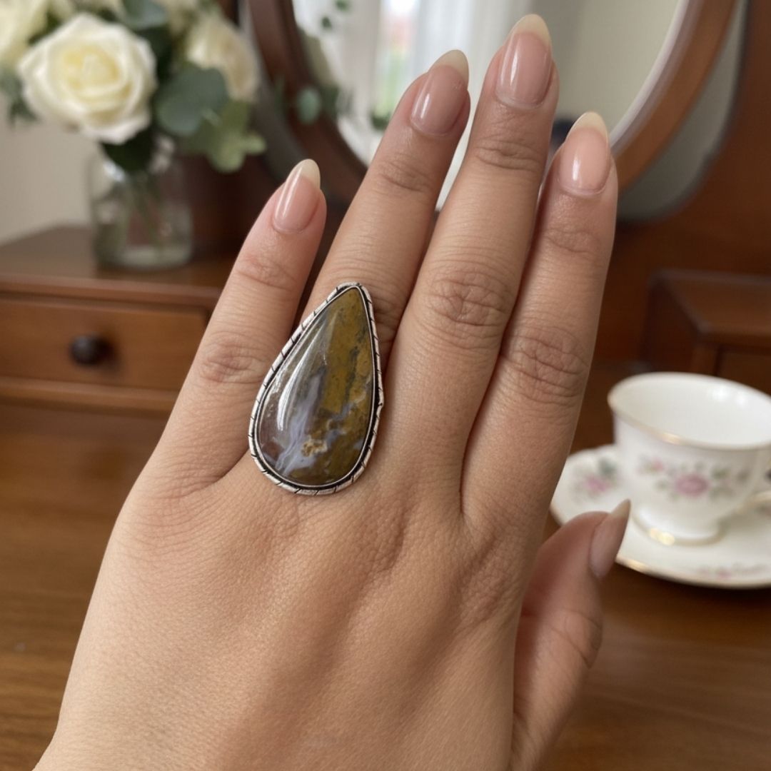 Natural Stone Teardrop Oxidised Silver Statement Ring