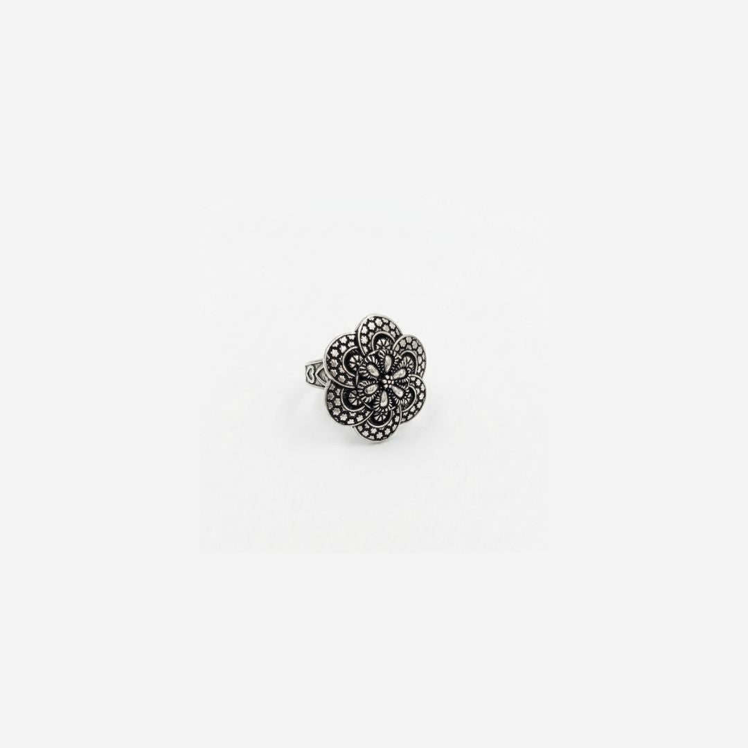 Oxidized German Silver Floral Mandala Statement Ring