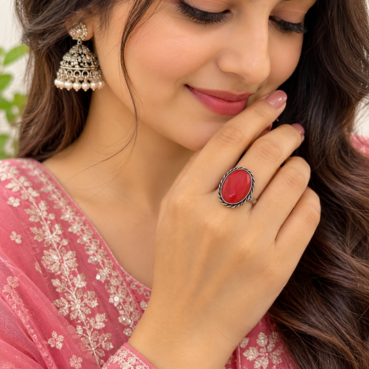 Oxidised Silver Red Stone Statement Ring for Women