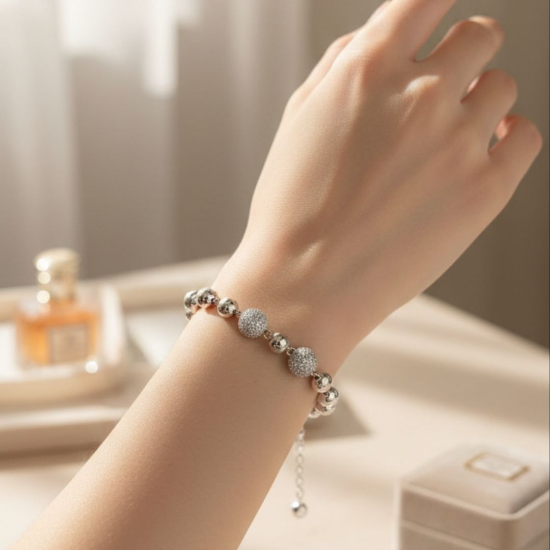 Classic Silver Bead Bracelet with Crystal Accents