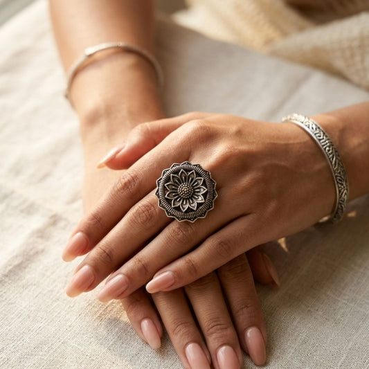 Oxidized German Silver Sunflower Floral Statement Ring