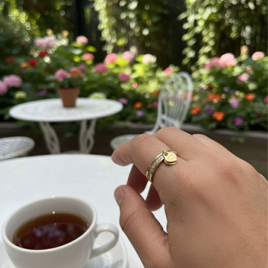 Minimal Heart Charm Crystal Ring – 18K Gold Plated