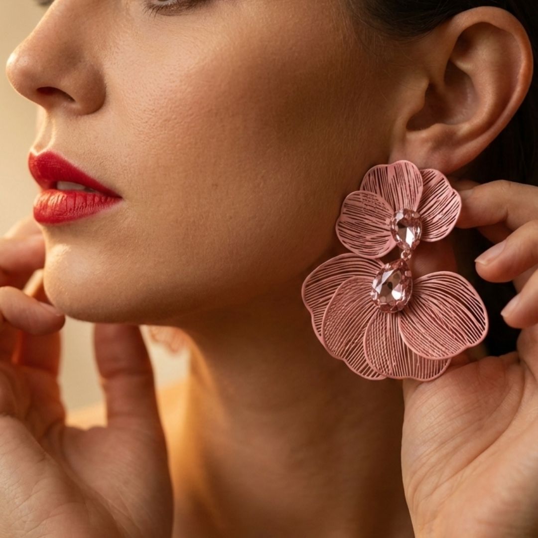 Pink Floral Statement Earrings for Women – Lightweight Party Wear Earrings for Girls