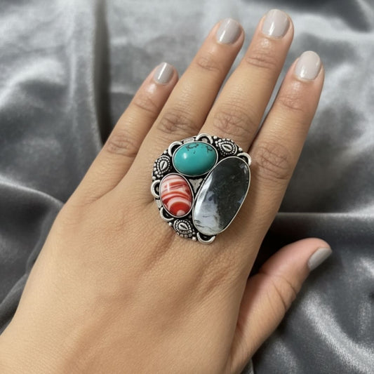 Natural Multi-Stone Oxidised Silver Statement Ring