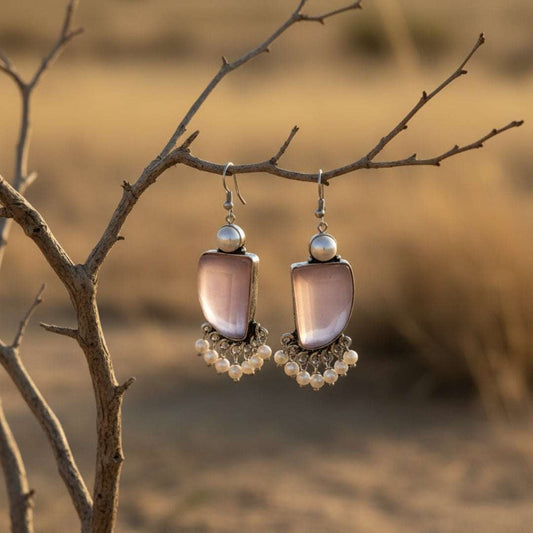Oxidized Light Purple Stone & Pearl Danglers