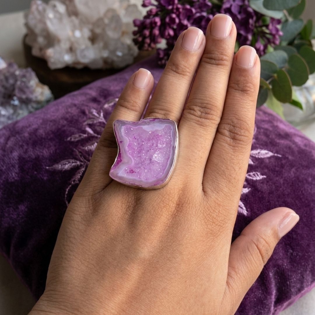 Pink Druzy Agate Statement Ring in Sterling Silver