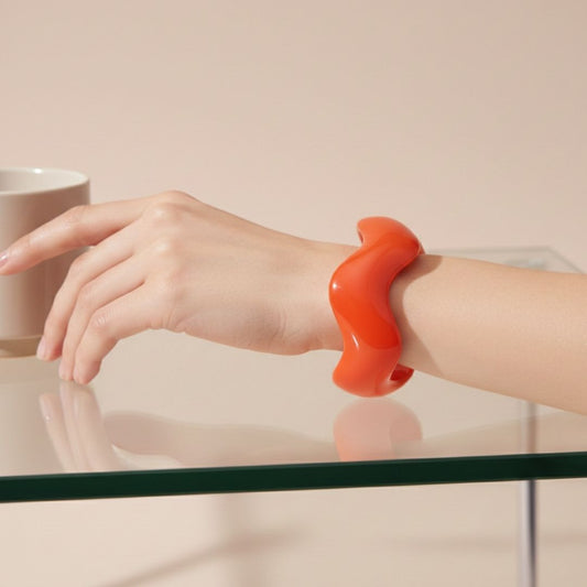 Neon Orange Resin Wave Bangle Bracelet for Women – Statement Cuff