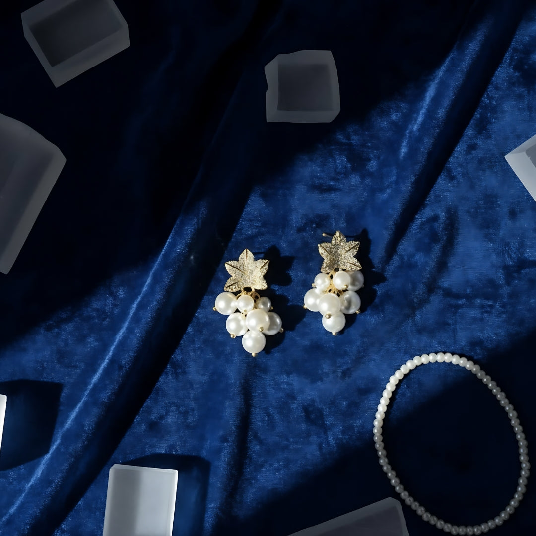 18K Gold Plated Leaf Pearl Cluster Earrings for Women