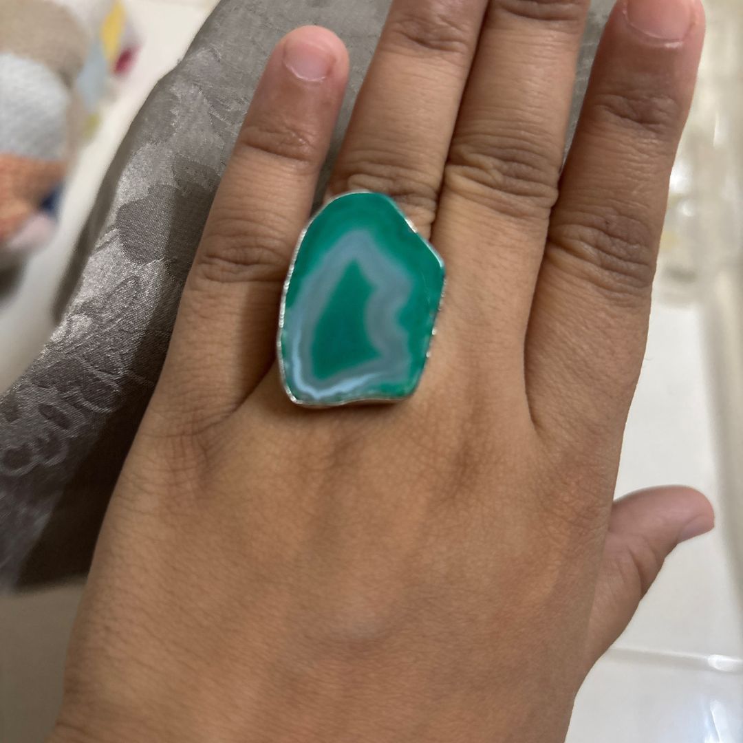 Green Agate Slice Statement Ring in Silver