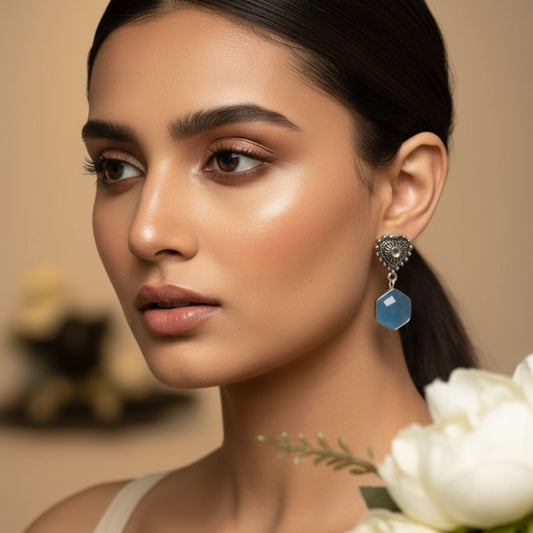 Oxidised Silver Drop Earrings with Blue Stone Accent