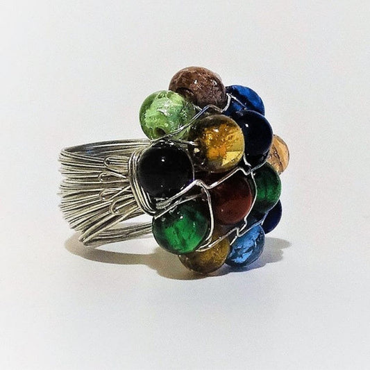 Handmade Multi Color Beaded Wire Wrap Cluster Ring
