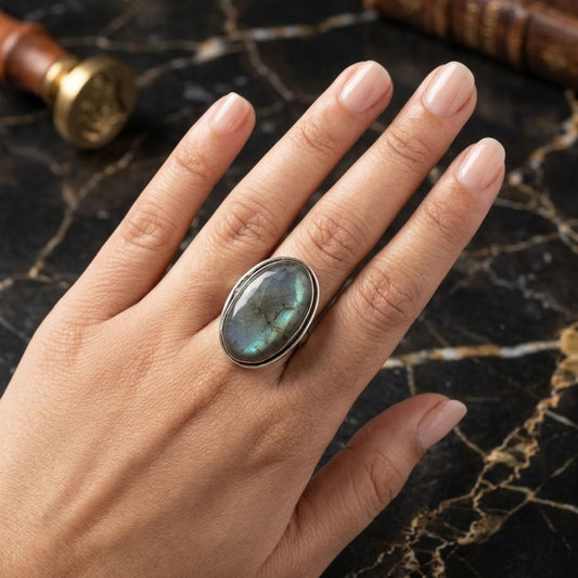 Oxidised Oval Labradorite Sterling Silver Ring