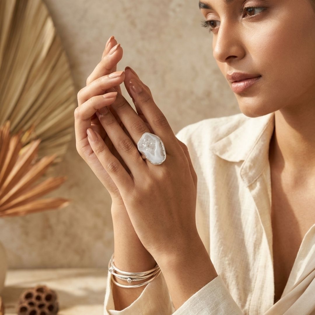 White Druzy Agate Statement Ring in Sterling Silver