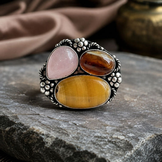 Vintage Bohemian Multi-Stone Statement Ring in Oxidized Silver