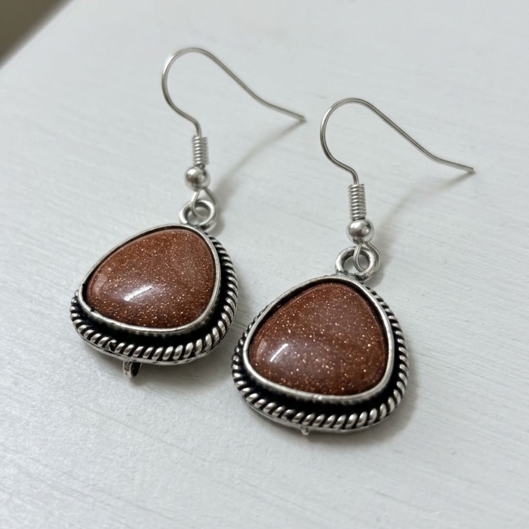 Vintage Goldstone Drop Earrings – Antique Silver-Tone Sparkle Dangle Earrings
