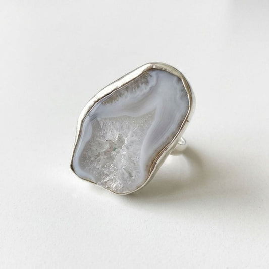 White Druzy Agate Statement Ring in Sterling Silver