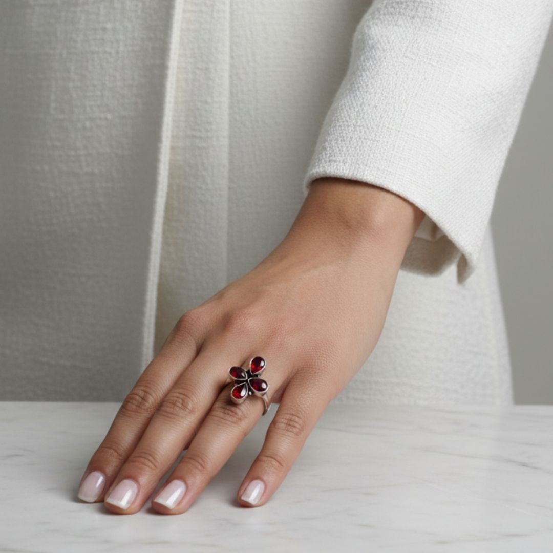 Vintage Style Oxidized Silver Ring with Ruby-Red Stones