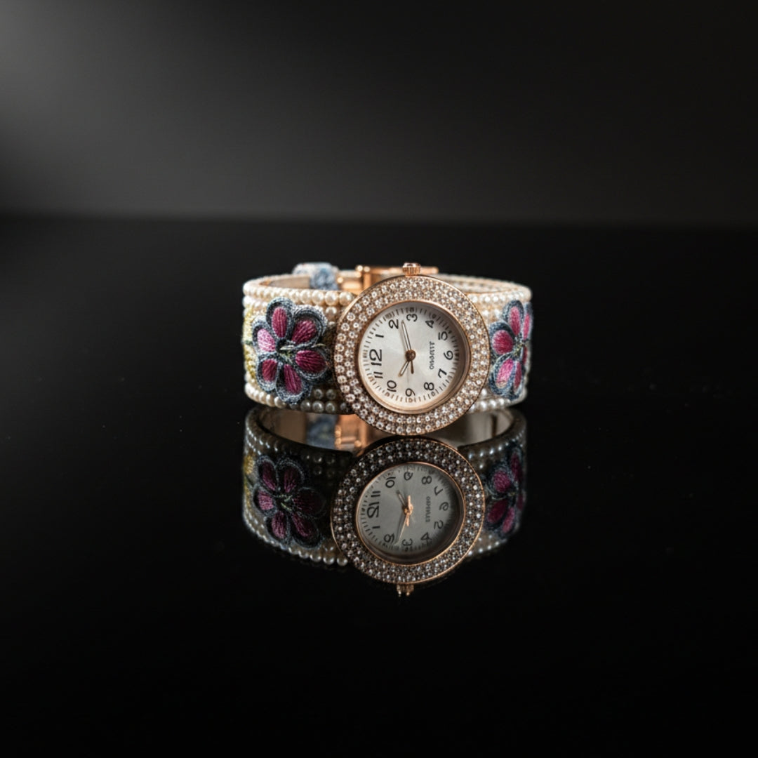 Embroidered Floral Bangle Watch – Pearl & Crystal Accents