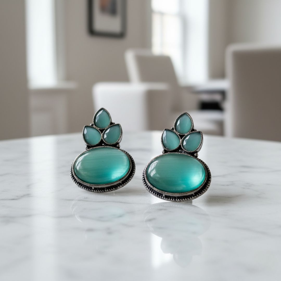 Oxidized Sky Blue Stone Stud Earrings