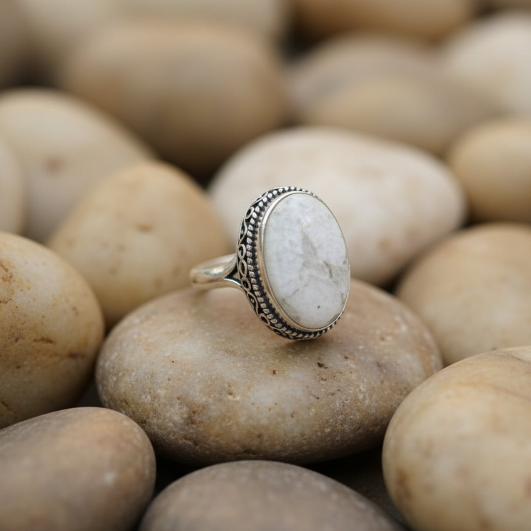 Oxidized Silver White Marble Oval Ring