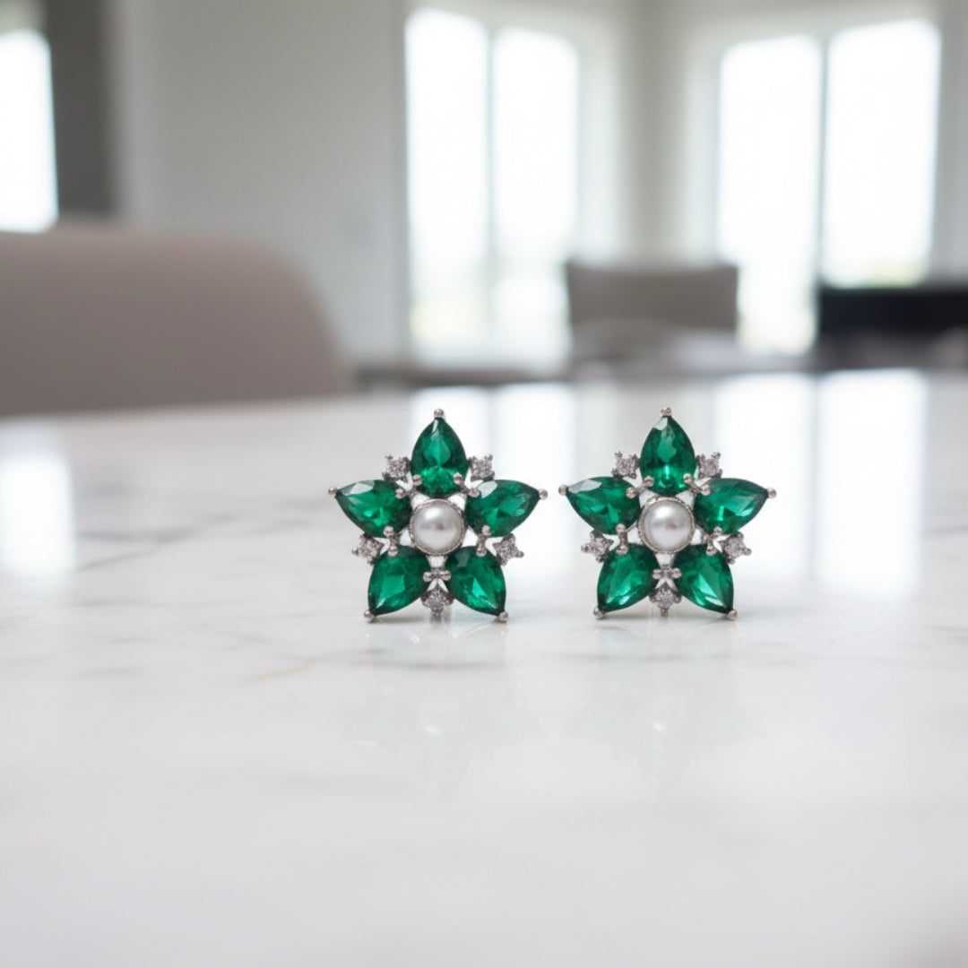 American Diamond Emerald Floral Stud Earrings