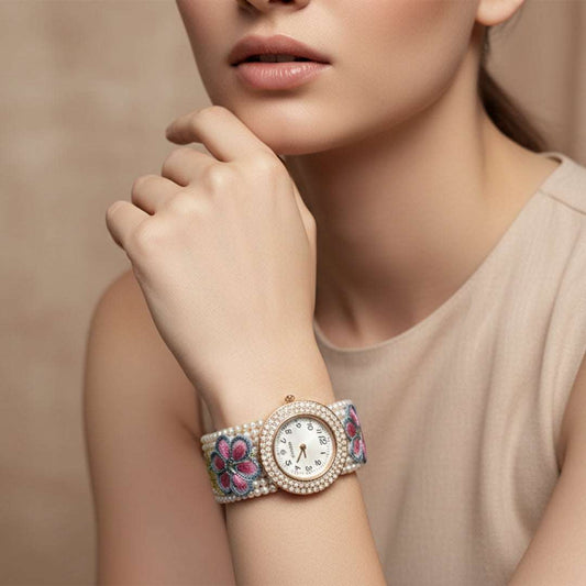 Embroidered Floral Bangle Watch – Pearl & Crystal Accents