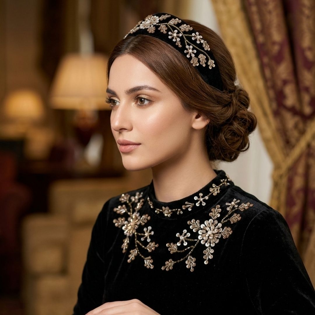 Handmade Premium Velvet Hairband with Floral Sequin & Bead Embellishment