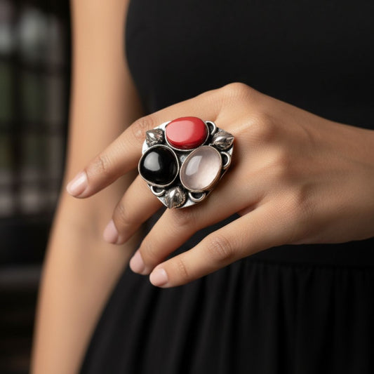 Tribal Charm Natural Stone Oxidised Cocktail Ring